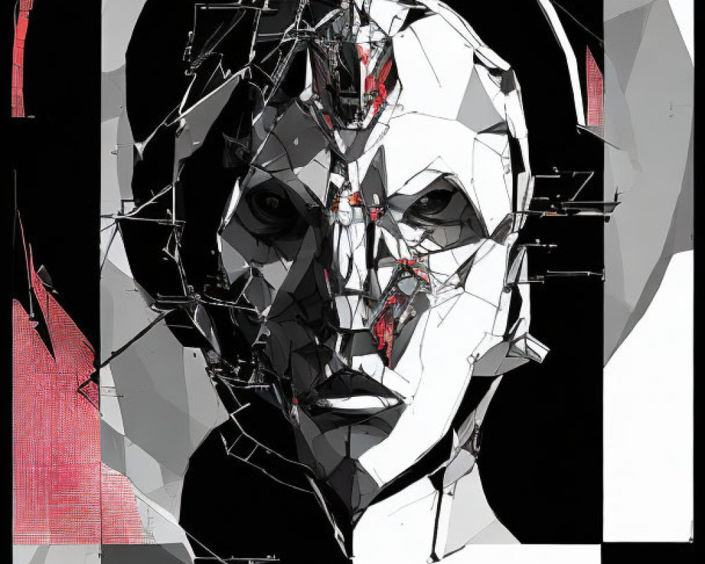 Monochromatic Abstract Digital Art: Fragmented Human-like Face with Geometric Shapes