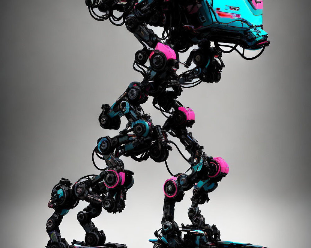 Articulated Limbs Futuristic Robot in Cyan and Pink on Grey Background