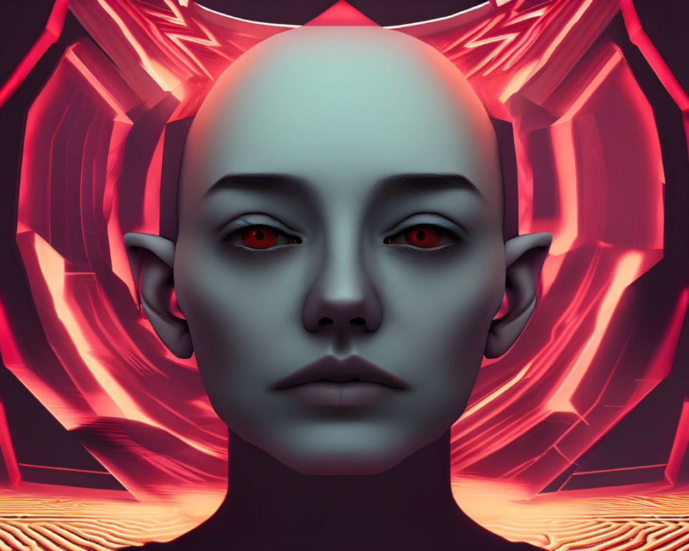 Bald Elf-Eared Figure with Red Eyes on Crimson Abstract Background