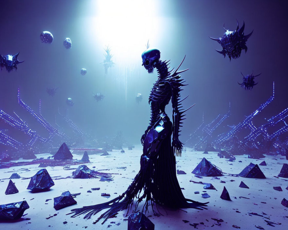 Surreal alien landscape with towering skeletal figure and floating orbs