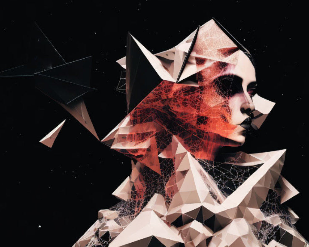 Abstract digital art: Fragmented human figure in geometric form on starry backdrop