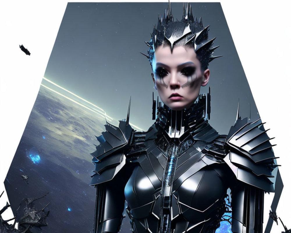 Futuristic woman in spiked armor against planet horizon & space debris