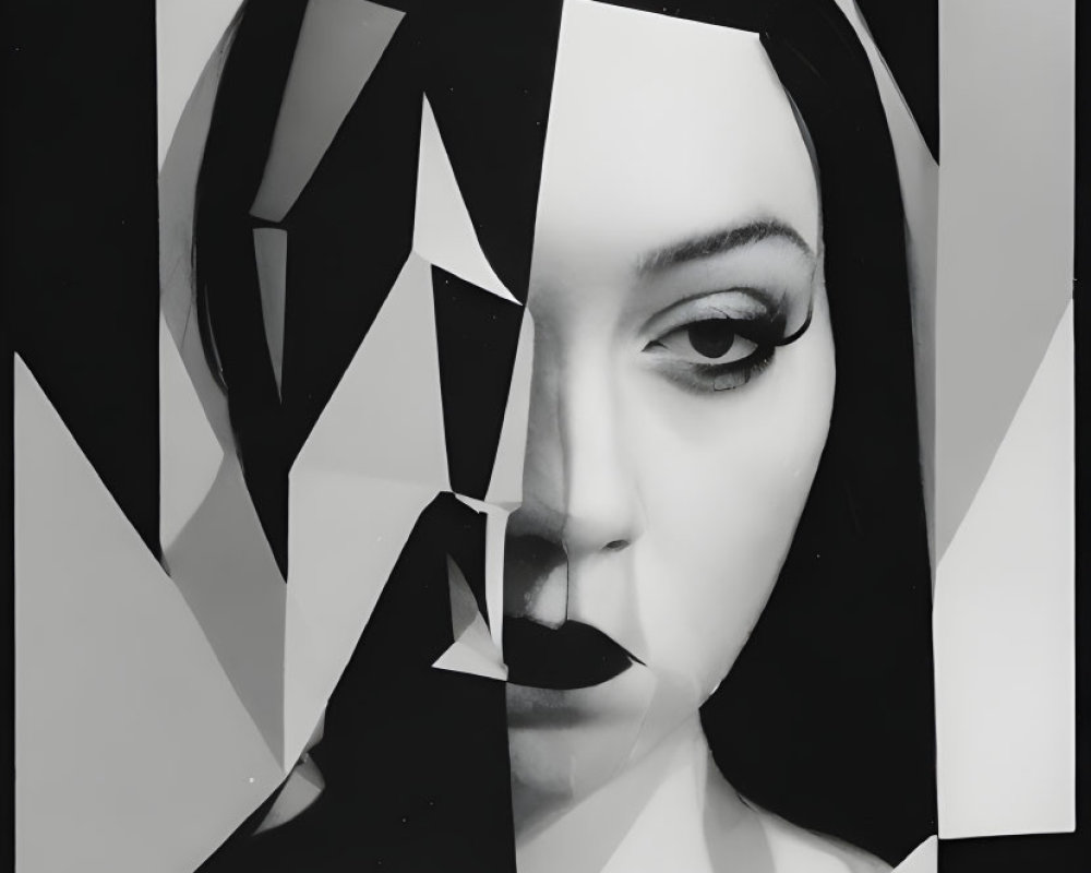 Monochrome artistic image of woman's face with fragmented geometric shapes overlayed