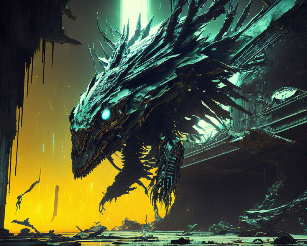 Menacing Cybernetic Dragon in Dystopian Landscape