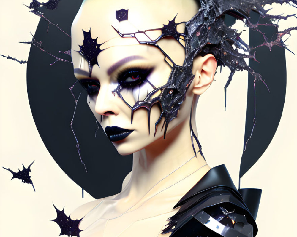 Futuristic bald person with dark eye makeup in glossy black outfit and metallic branch headdress