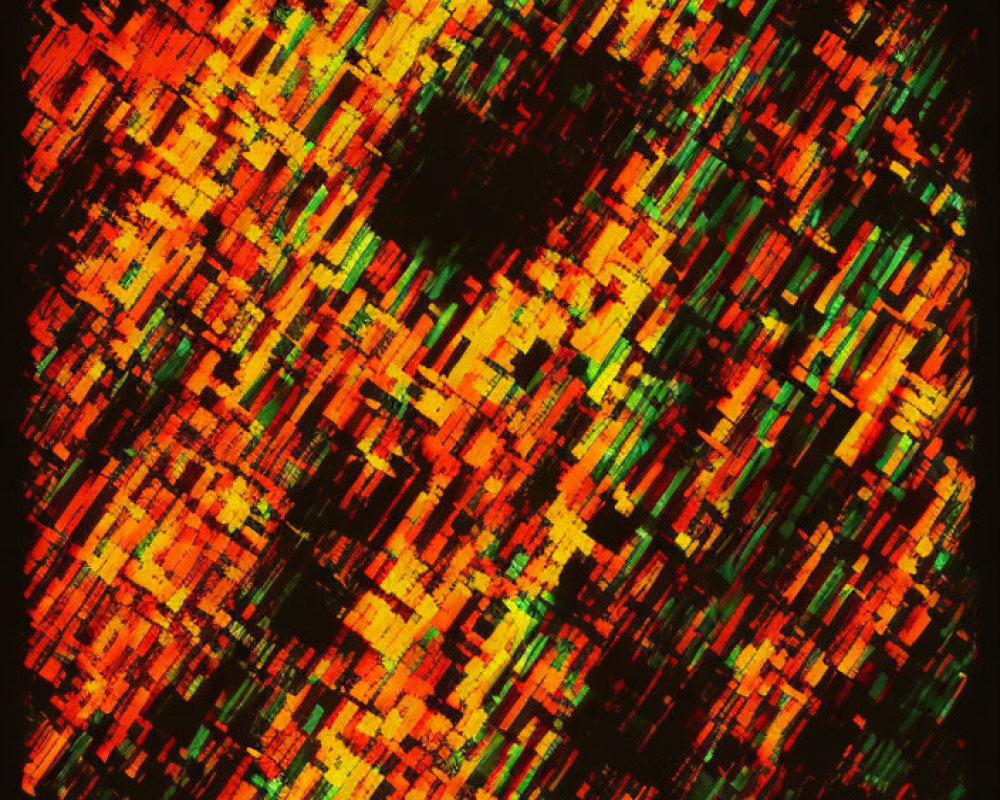 Vibrant Chaotic Pixel Art: Orange, Red, and Green on Black