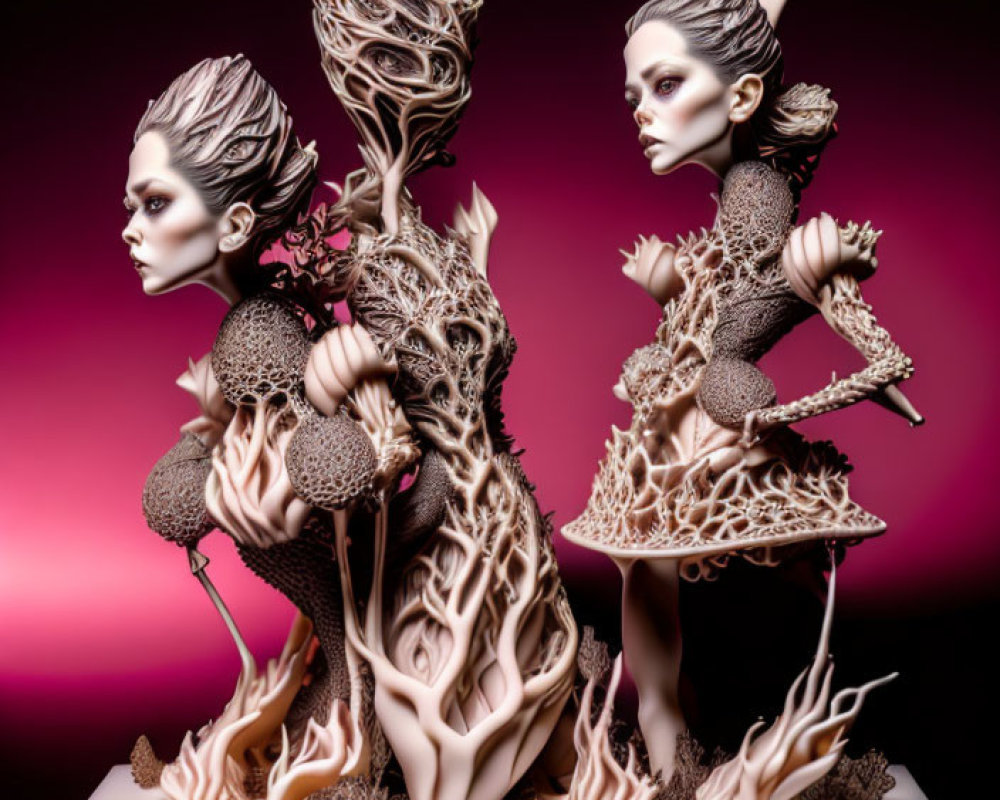 Intricate 3D sculpture of elf-like figures in nature-inspired design on pink-purple background