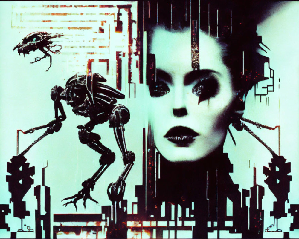 Futuristic cyber-inspired artwork with stylized female face and robotic figures