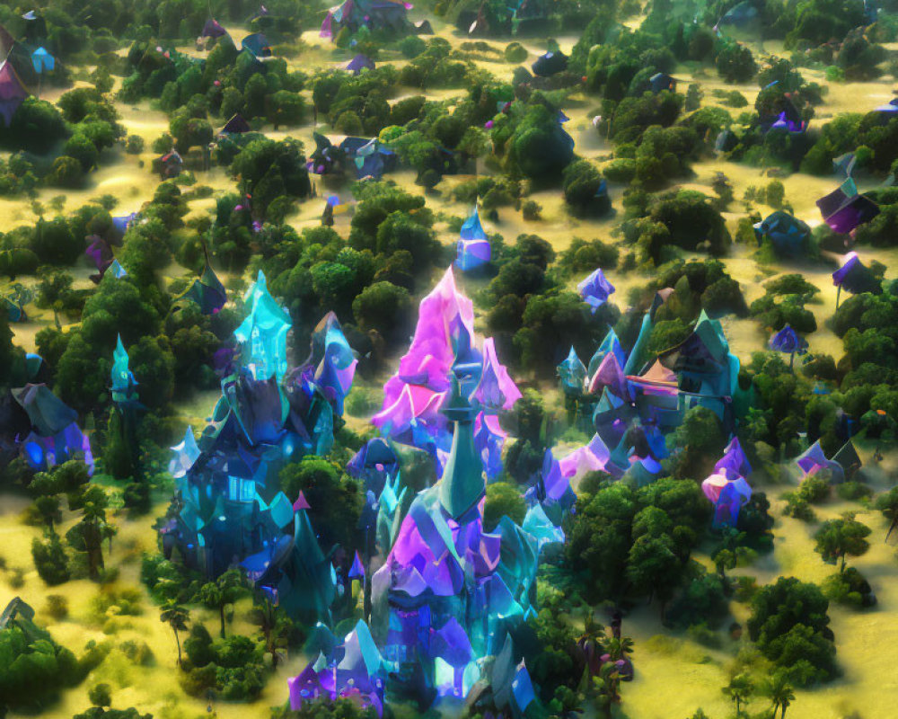 Vibrant crystalline structures in a luminous fantasy forest