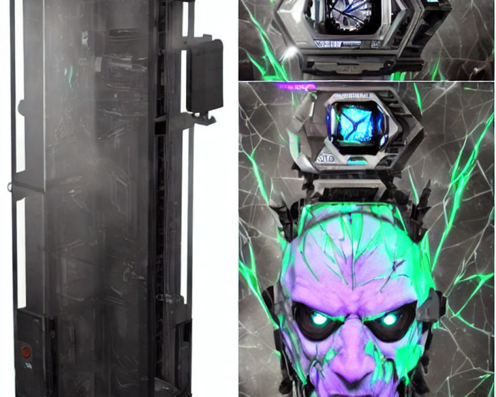 Sci-fi themed device with glowing green alien head and hexagonal screen in tall black cylindrical structure