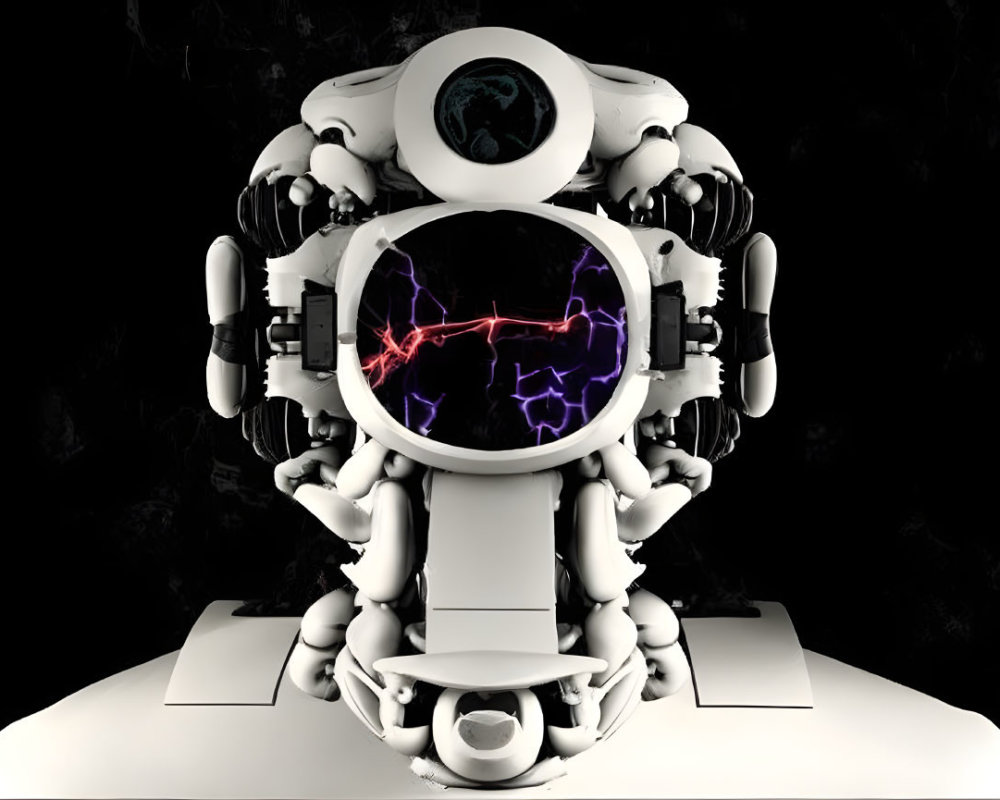 Futuristic white robot with spherical head and glowing purple energy on dark background