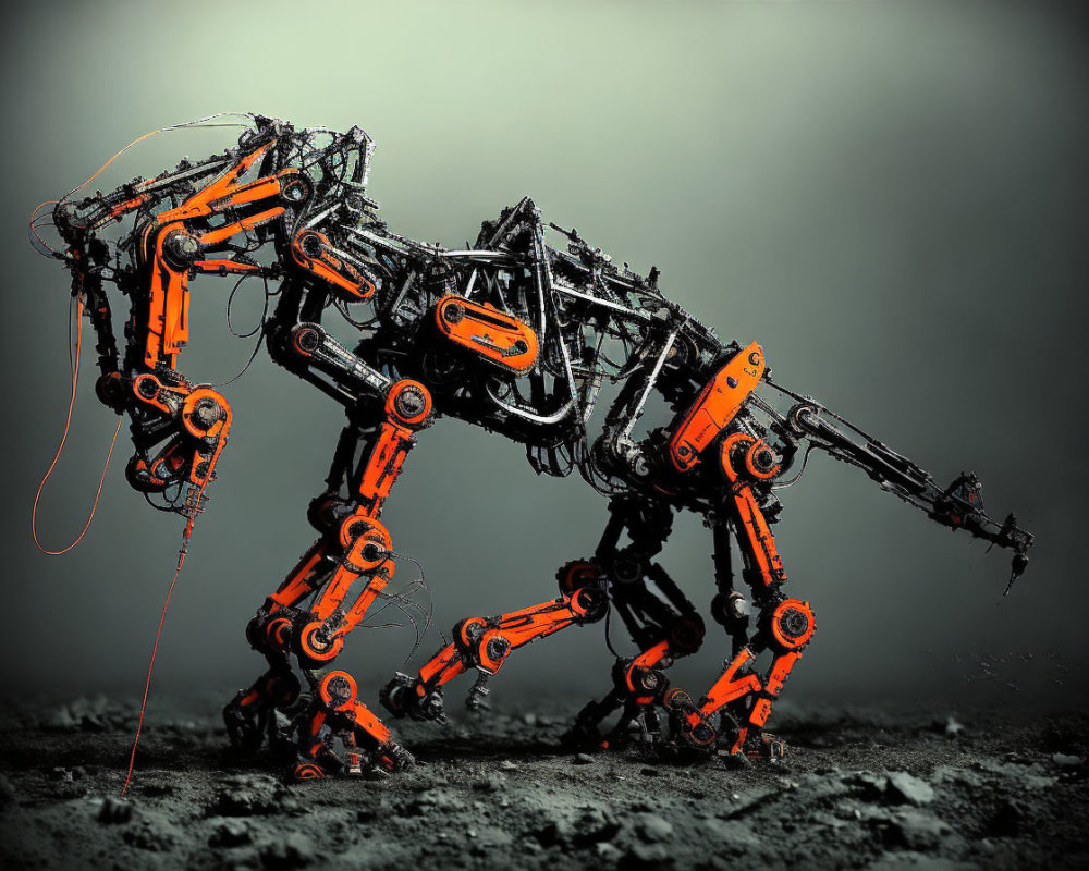 Detailed mechanical horse sculpture in black and orange with visible wires and hydraulics