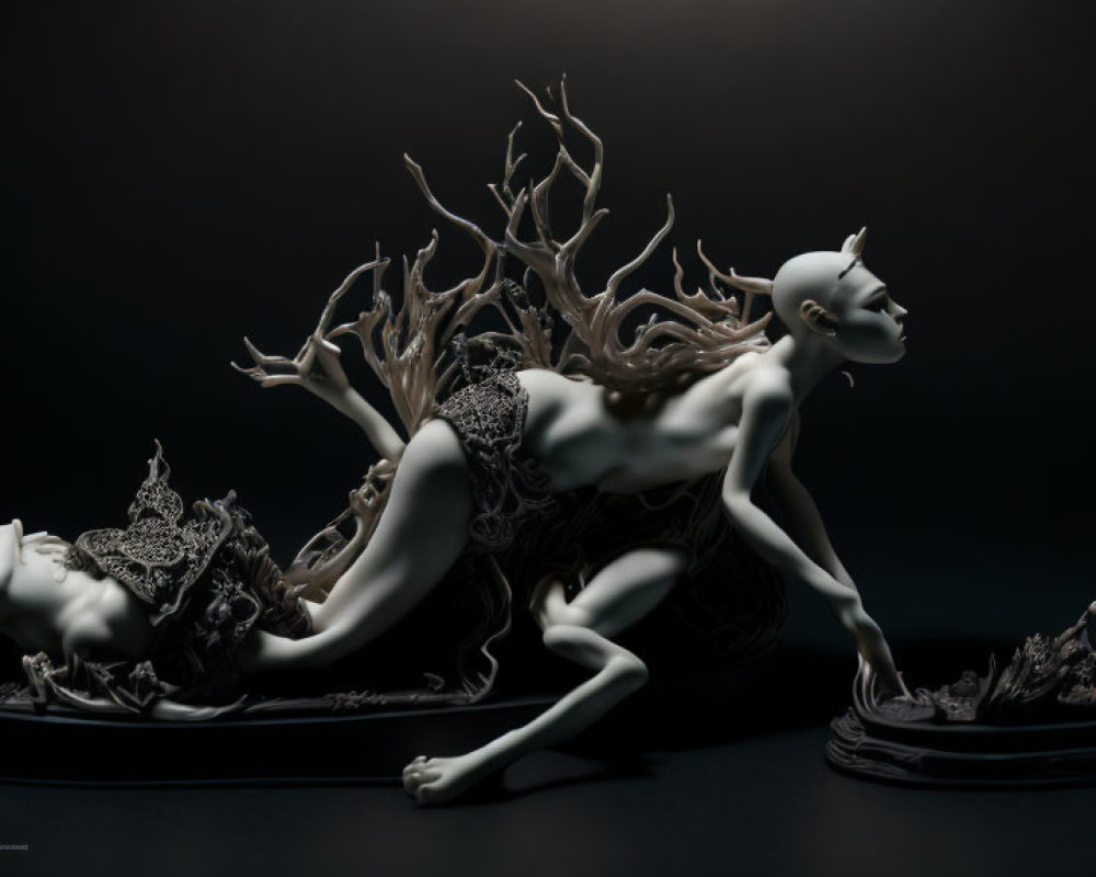 Sculpture of surreal figures with elongated limbs and tree-like extensions on dark background