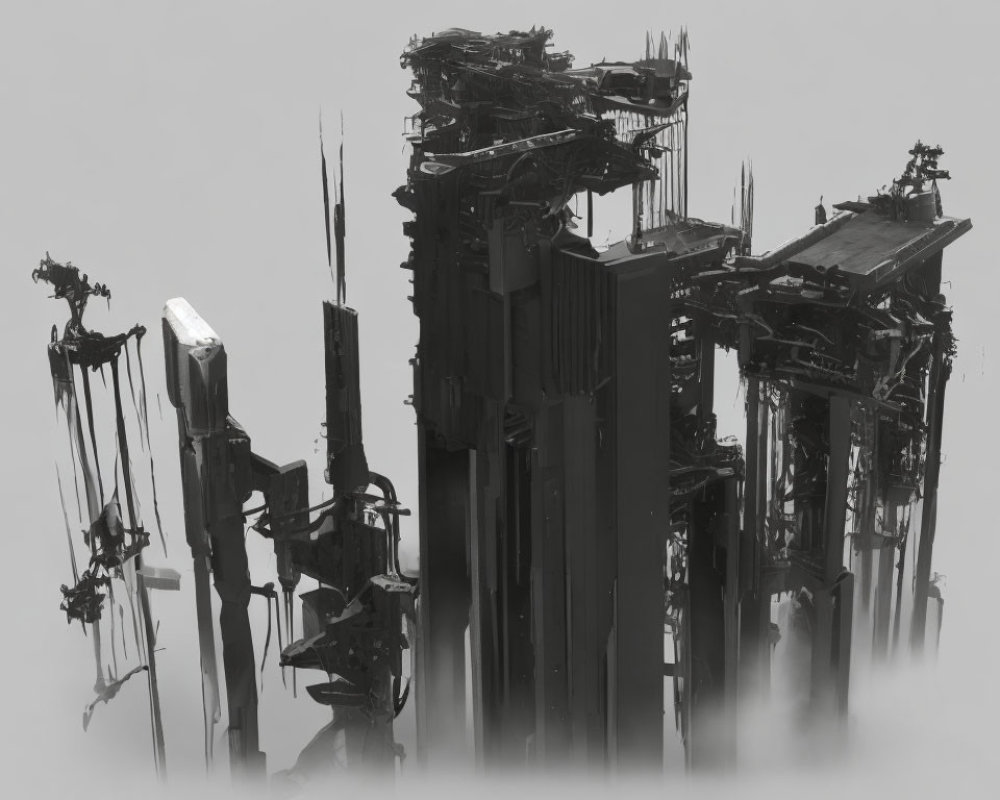 Abstract grayscale image of intricate, jagged structures in mist