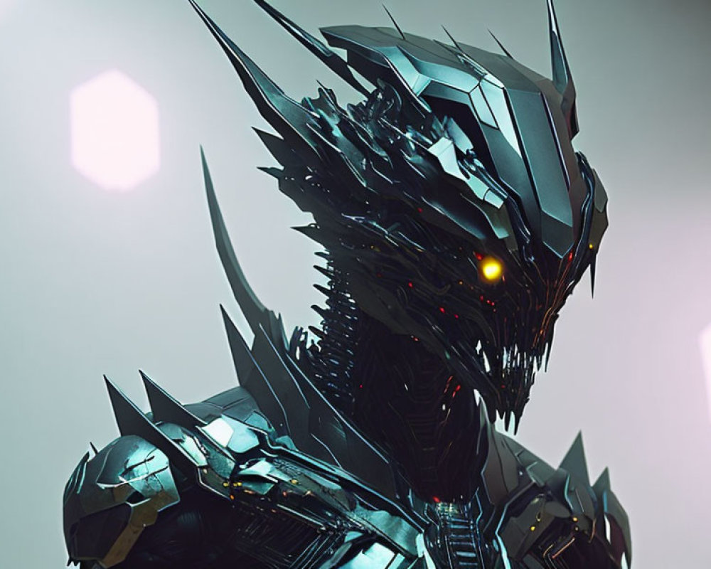 Armored Figure with Dragon-like Helmet and Glowing Eyes Against Soft-lit Background