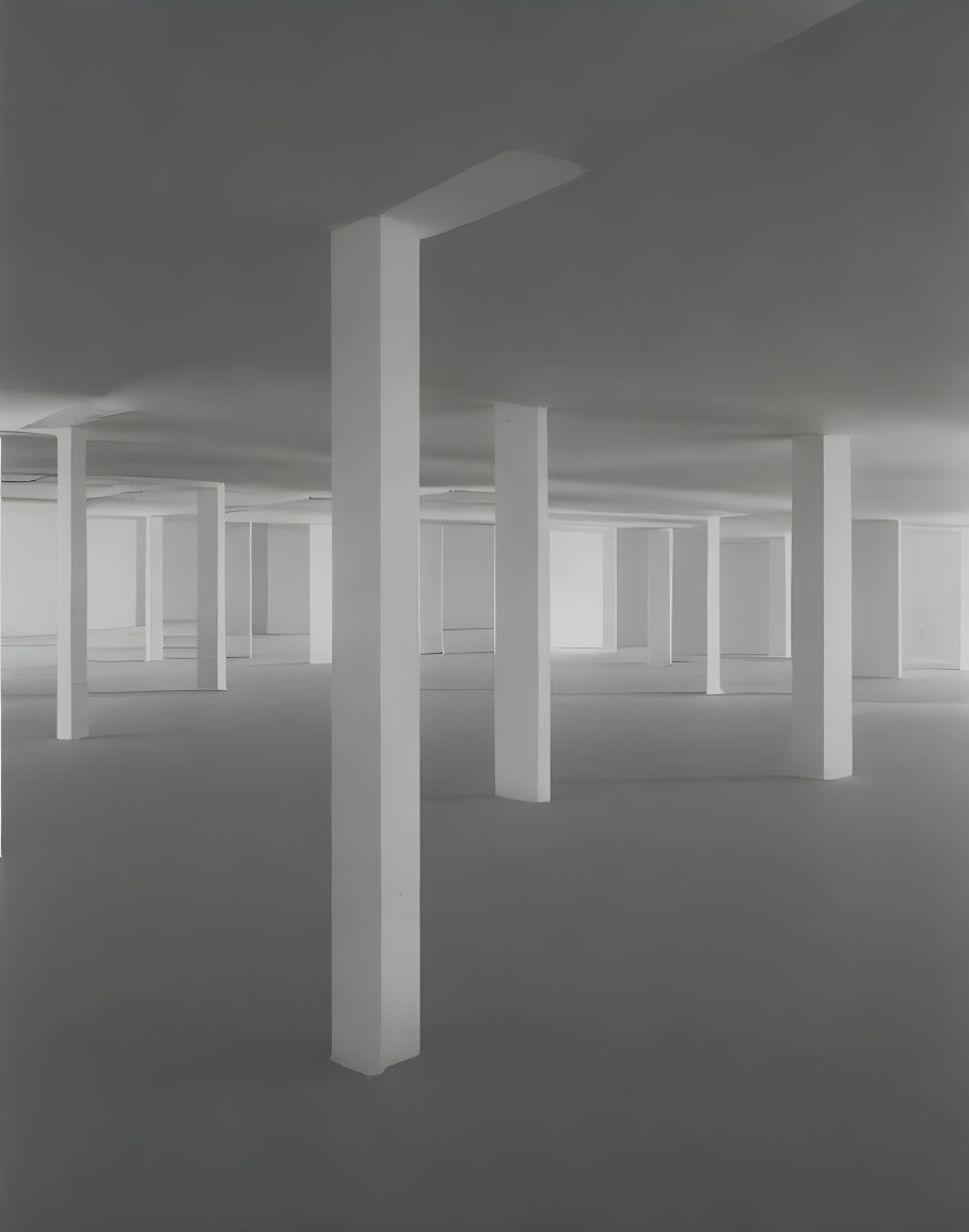 Dimly Lit Parking Garage with White Structural Columns