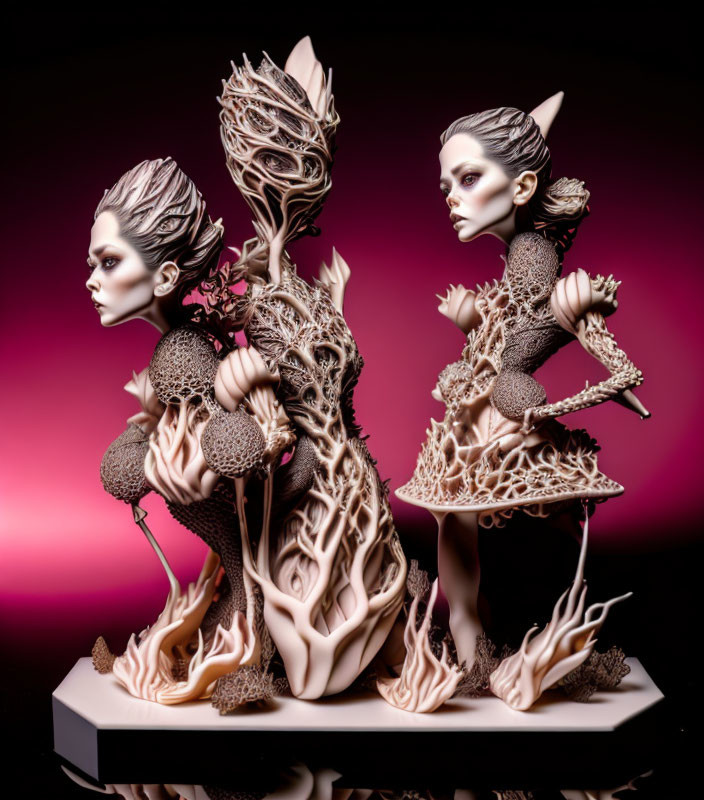 Intricate 3D sculpture of elf-like figures in nature-inspired design on pink-purple background