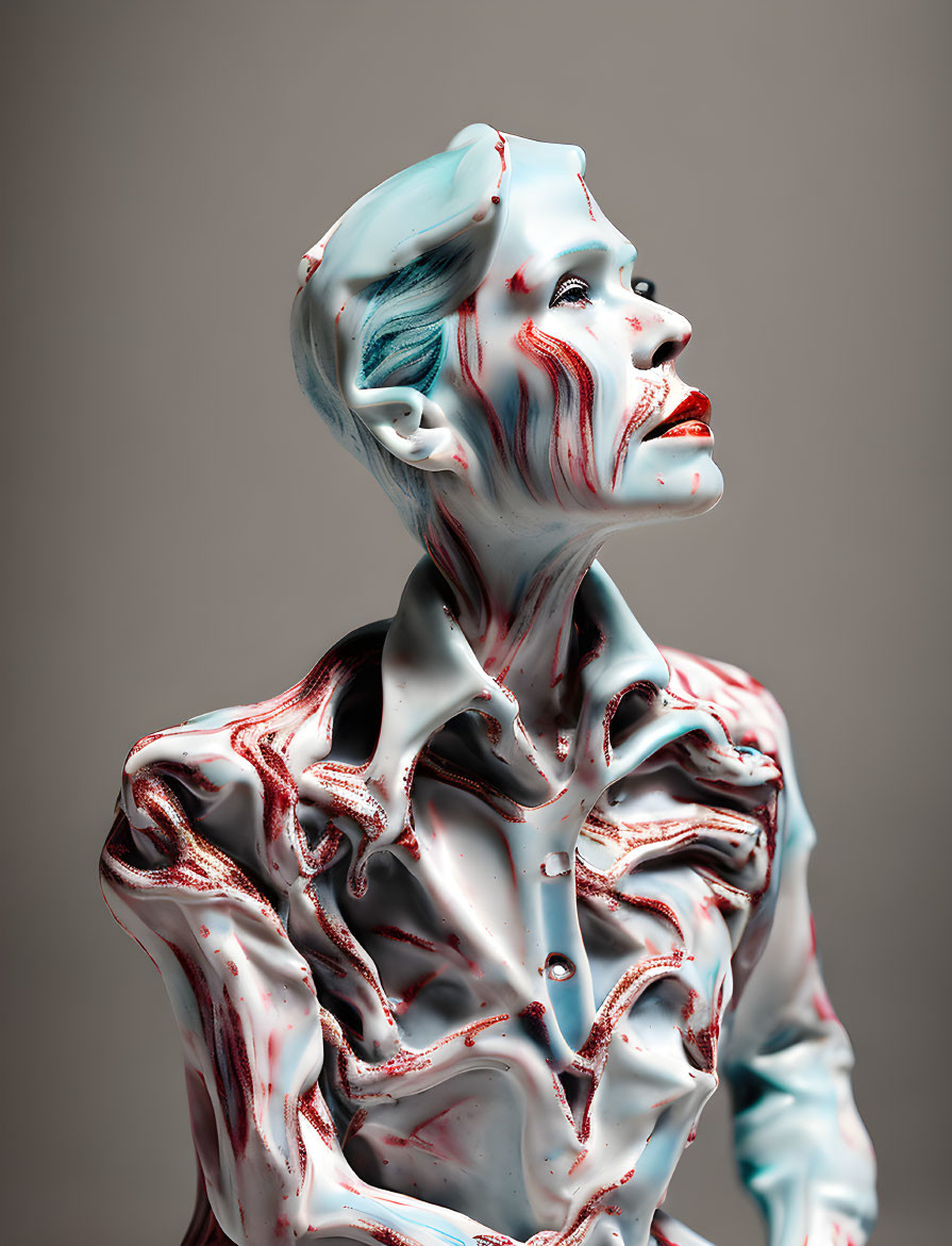 Conceptual art: Person with glossy paint-like texture in turquoise and red posing with head tilted upward