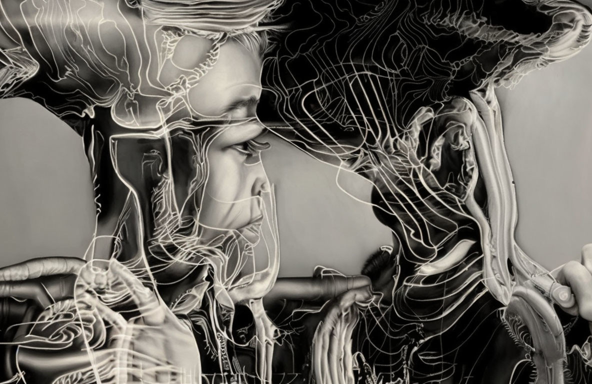 Abstract Monochromatic Art: Silhouetted Profiles with Swirling Patterns