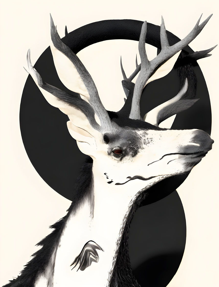 Surreal black and white deer portrait on beige background