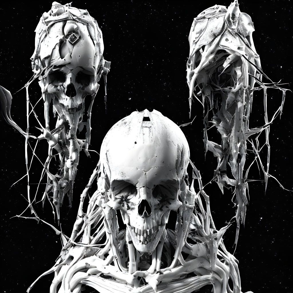 Three textured skulls surrounded by shredded material on starry black background