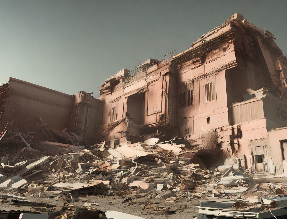 Decaying building with crumbling facade in debris-filled scene