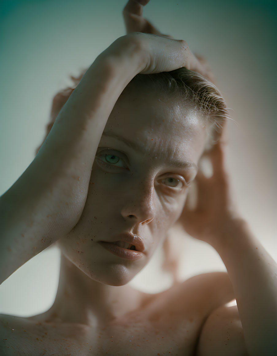 Portrait of a person with striking eyes and contemplative expression framed by hands on soft background