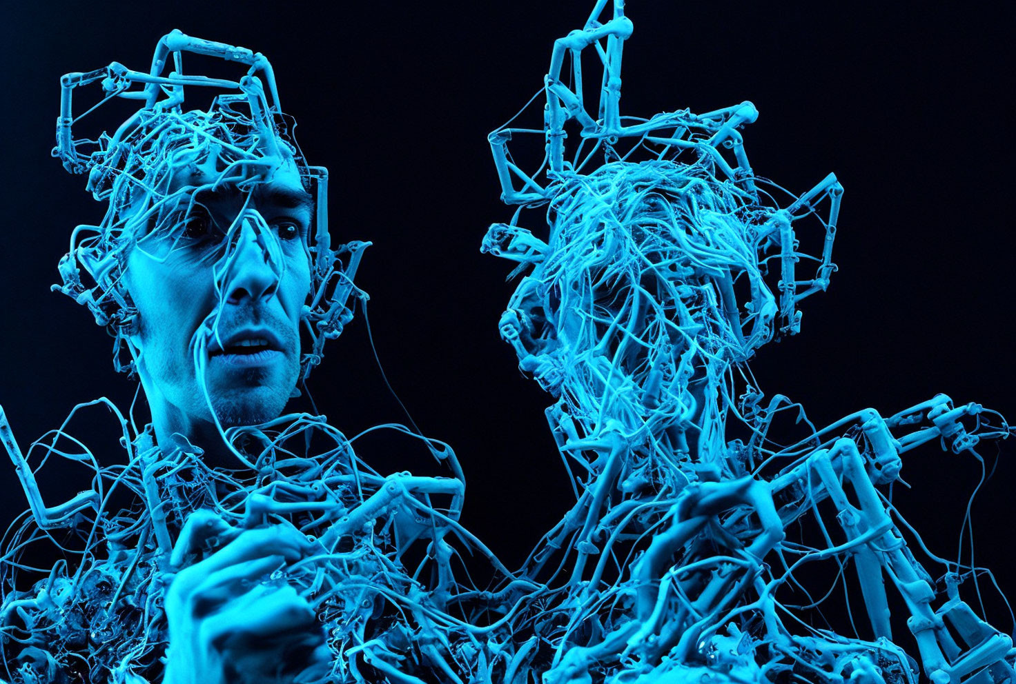 Intricate wireframe sculptures on heads illuminated in blue light