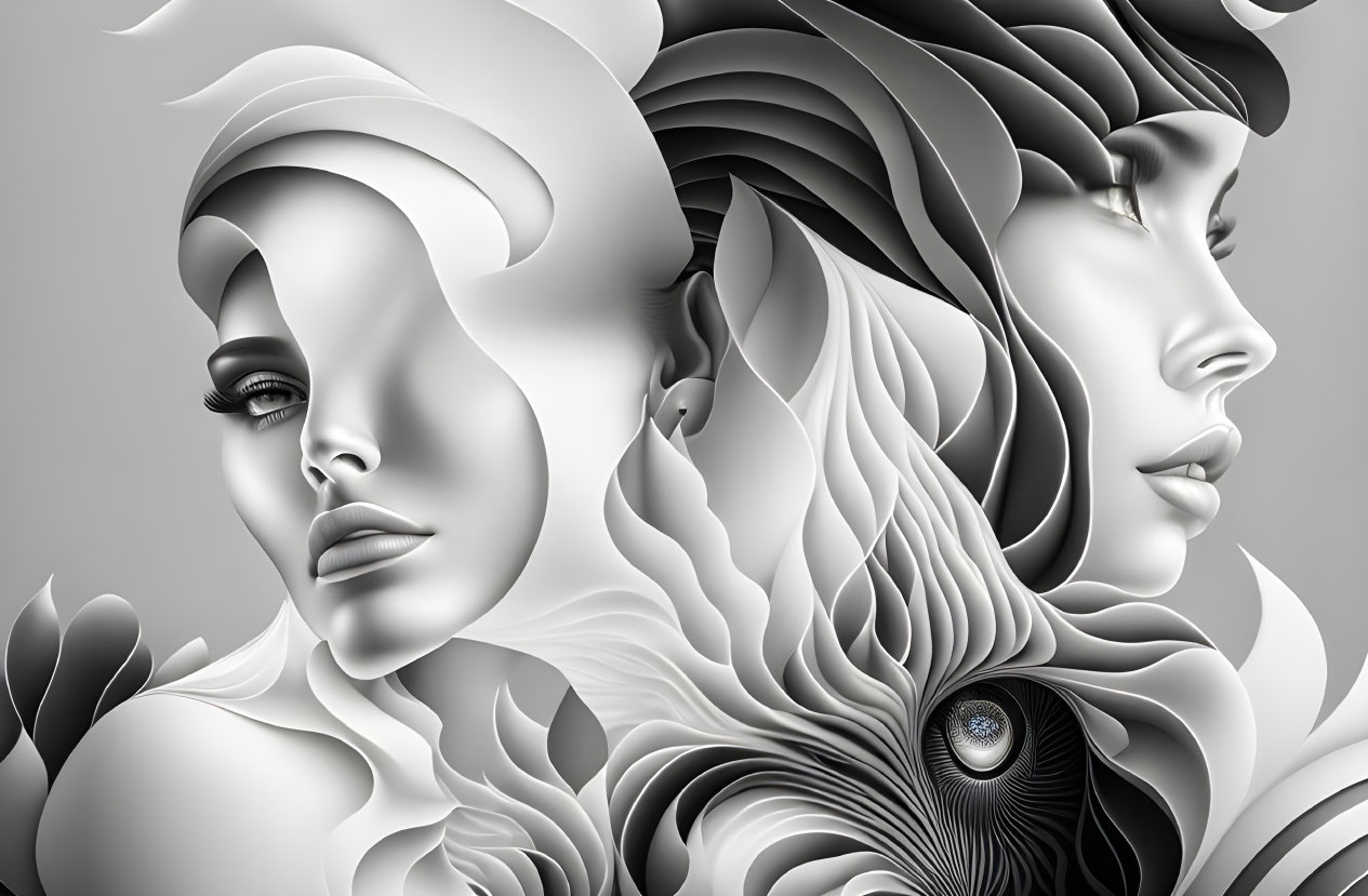 Stylized grayscale portraits of women with intricate floral and feather hair designs