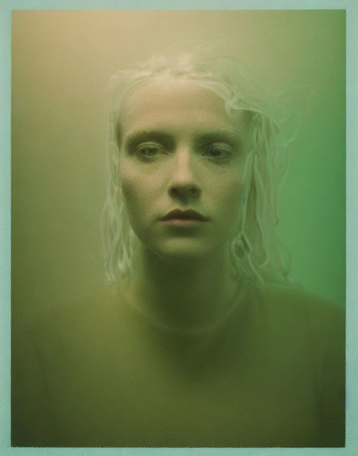 Portrait of a person with pale skin and wet, curly hair against a greenish backdrop