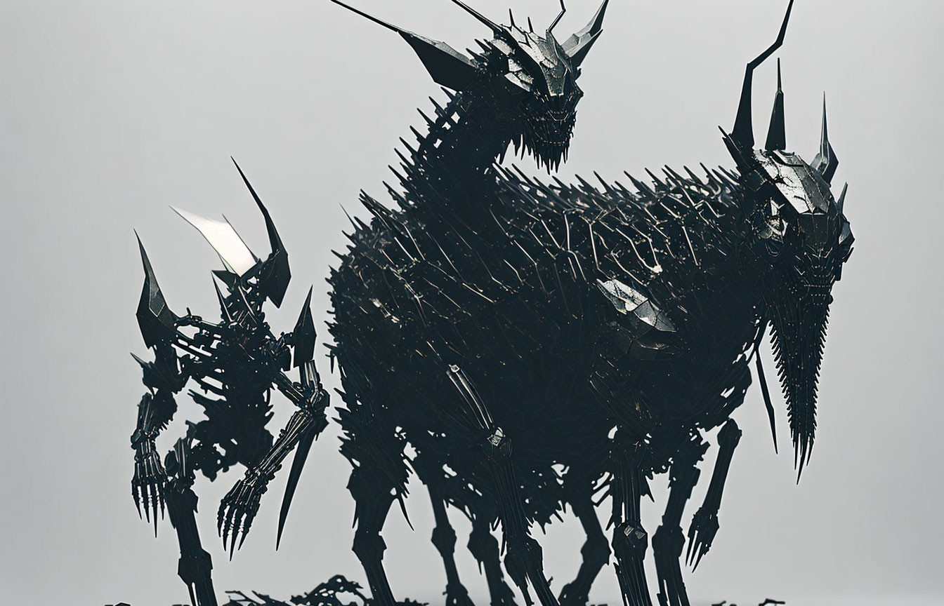 Silhouettes of menacing, spiky metal creatures against a mythological backdrop