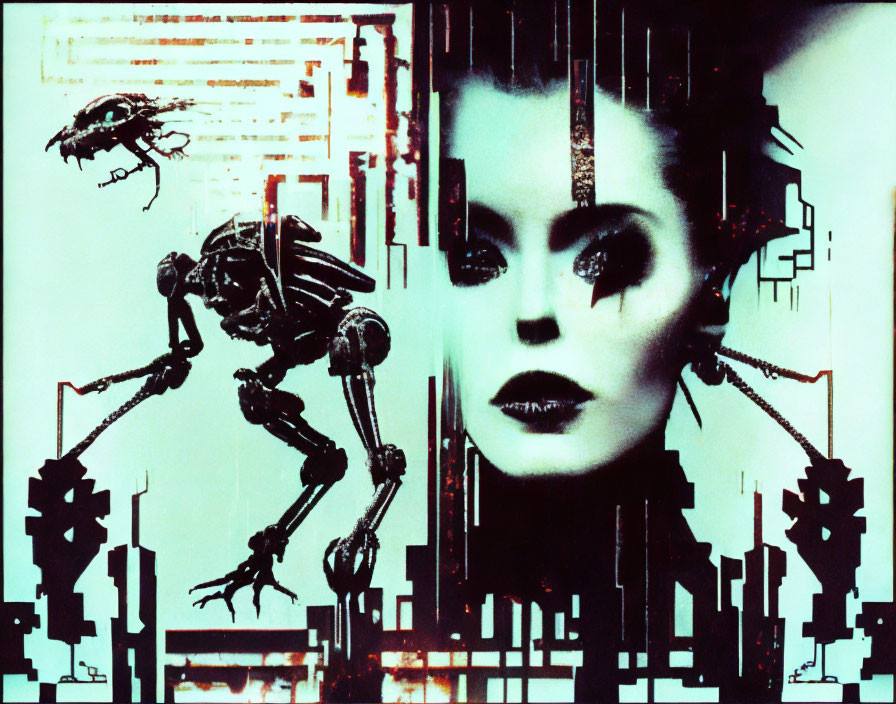 Futuristic cyber-inspired artwork with stylized female face and robotic figures