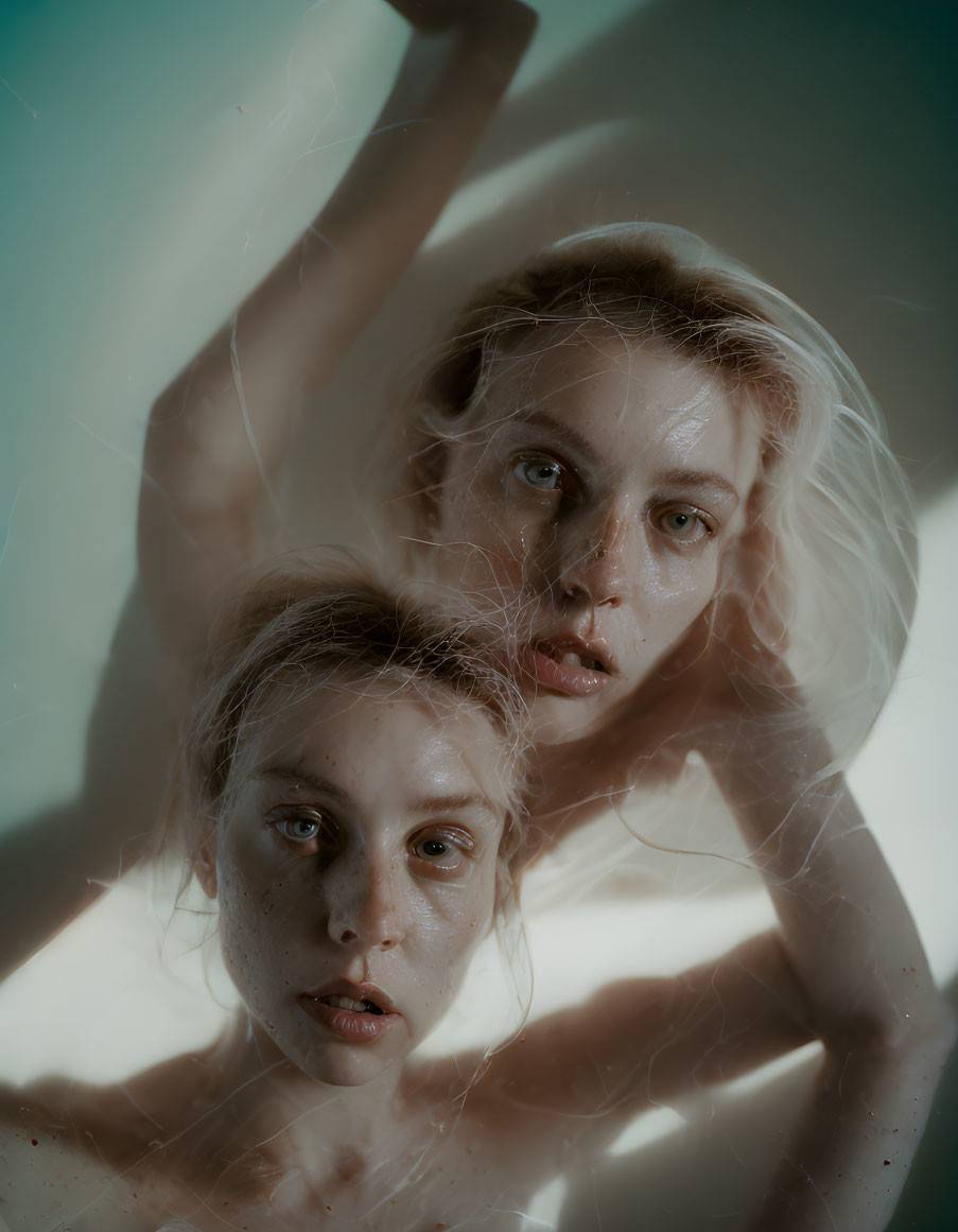 Dual intense gazes of women create haunting reflective image