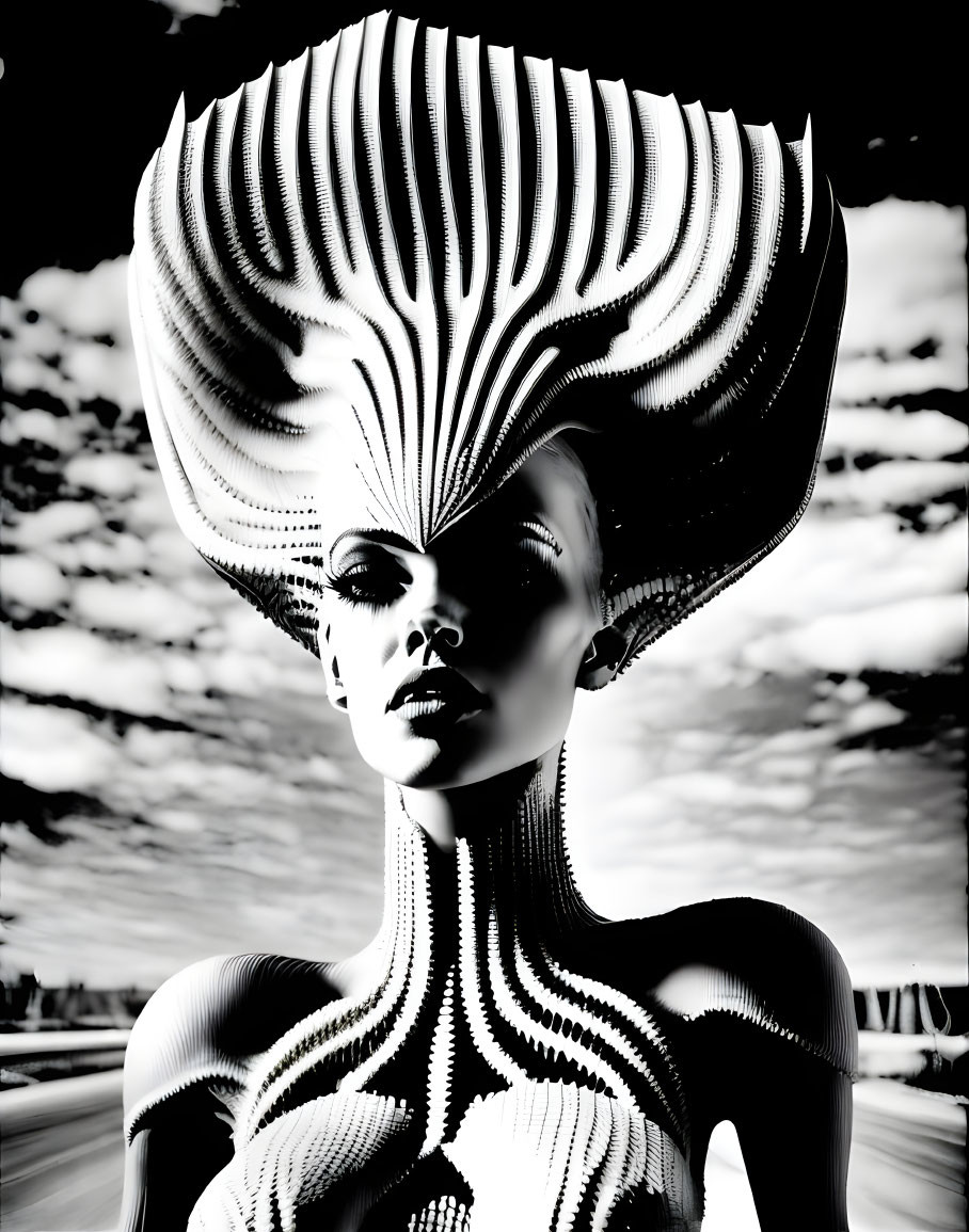 Monochromatic character with futuristic headdress in high contrast