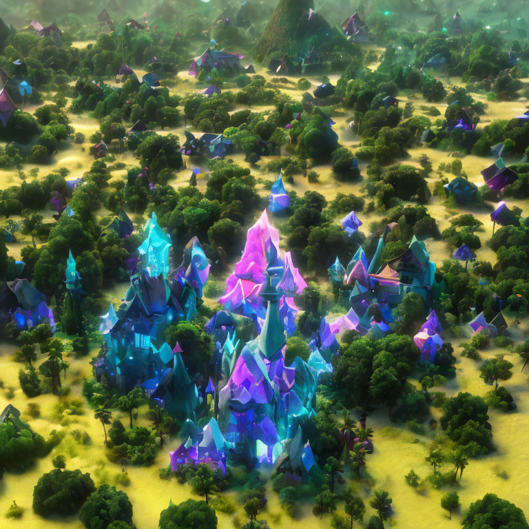 Vibrant crystalline structures in a luminous fantasy forest