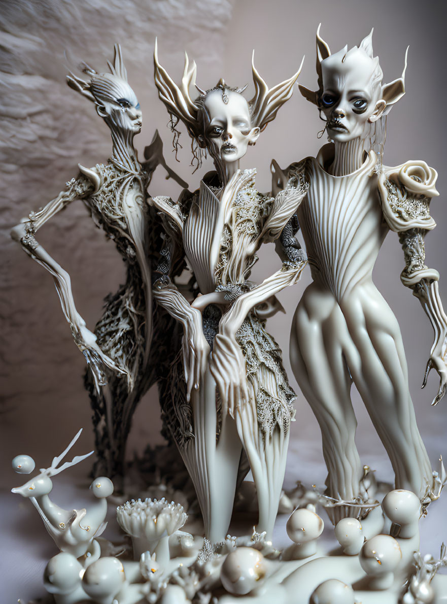 Three fantasy figures with elongated limbs and ornate headpieces among spherical objects.