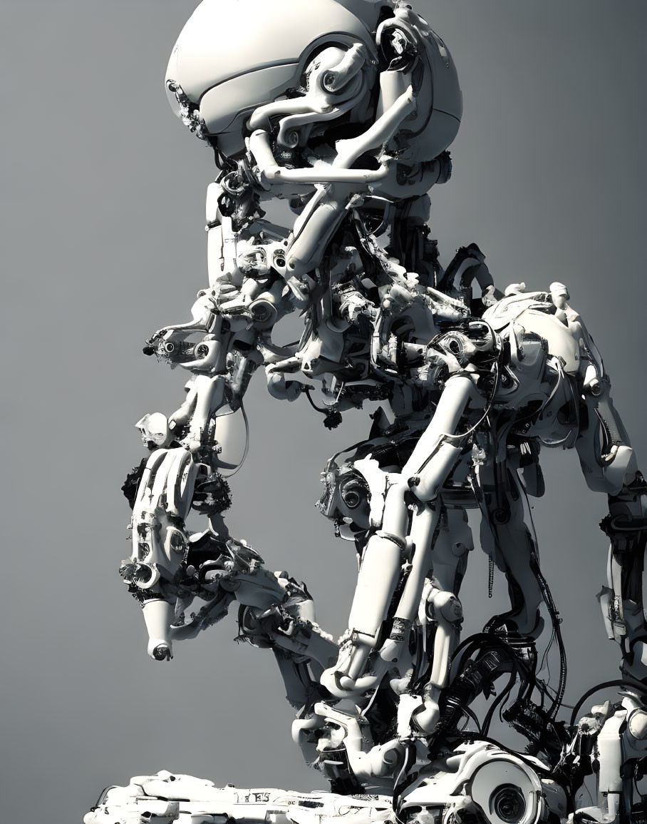 Detailed Mechanical Robot with Intricate Gears on Plain Background