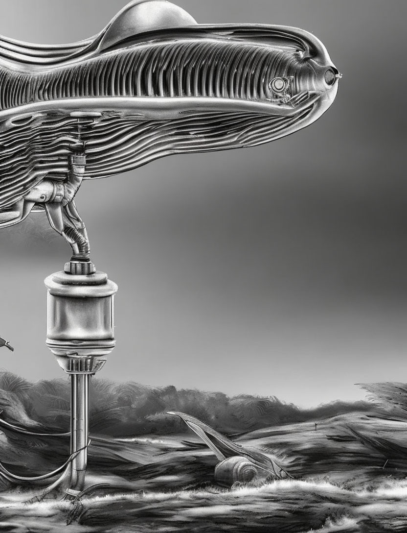 Surreal grayscale artwork: Whale with mechanical lower body on submarine structure above stormy sea