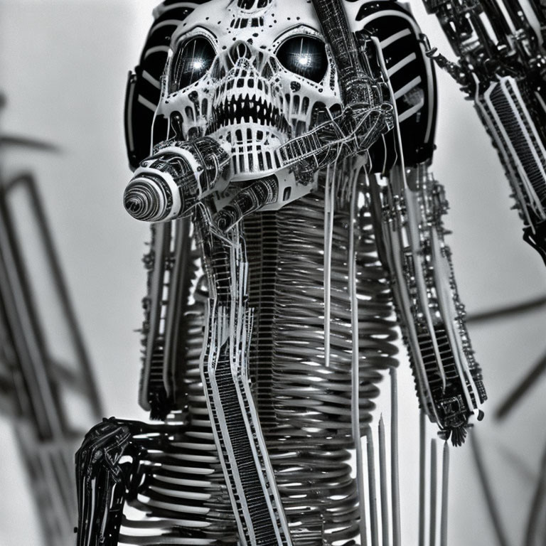 Detailed robotic skeleton with exposed wiring and mechanical components.