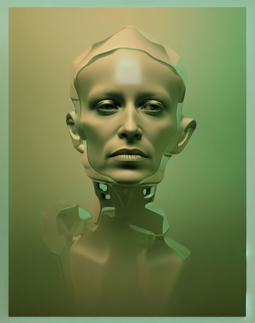 Futuristic humanoid face in green tones with geometric features