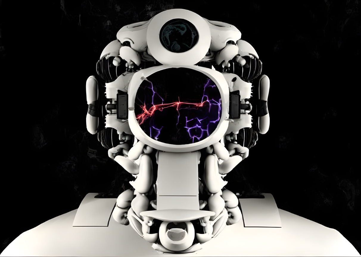 Futuristic white robot with spherical head and glowing purple energy on dark background