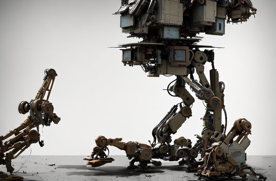 Intricate mechanical robot in desolate landscape