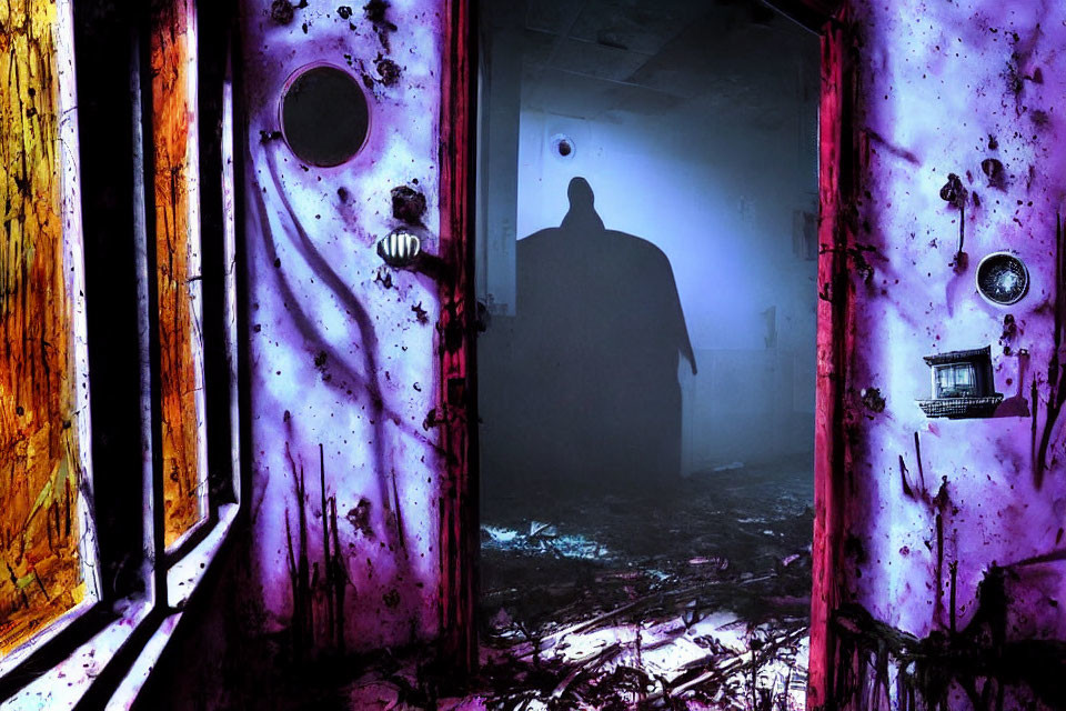 Eerie silhouette in dilapidated room with purple lighting