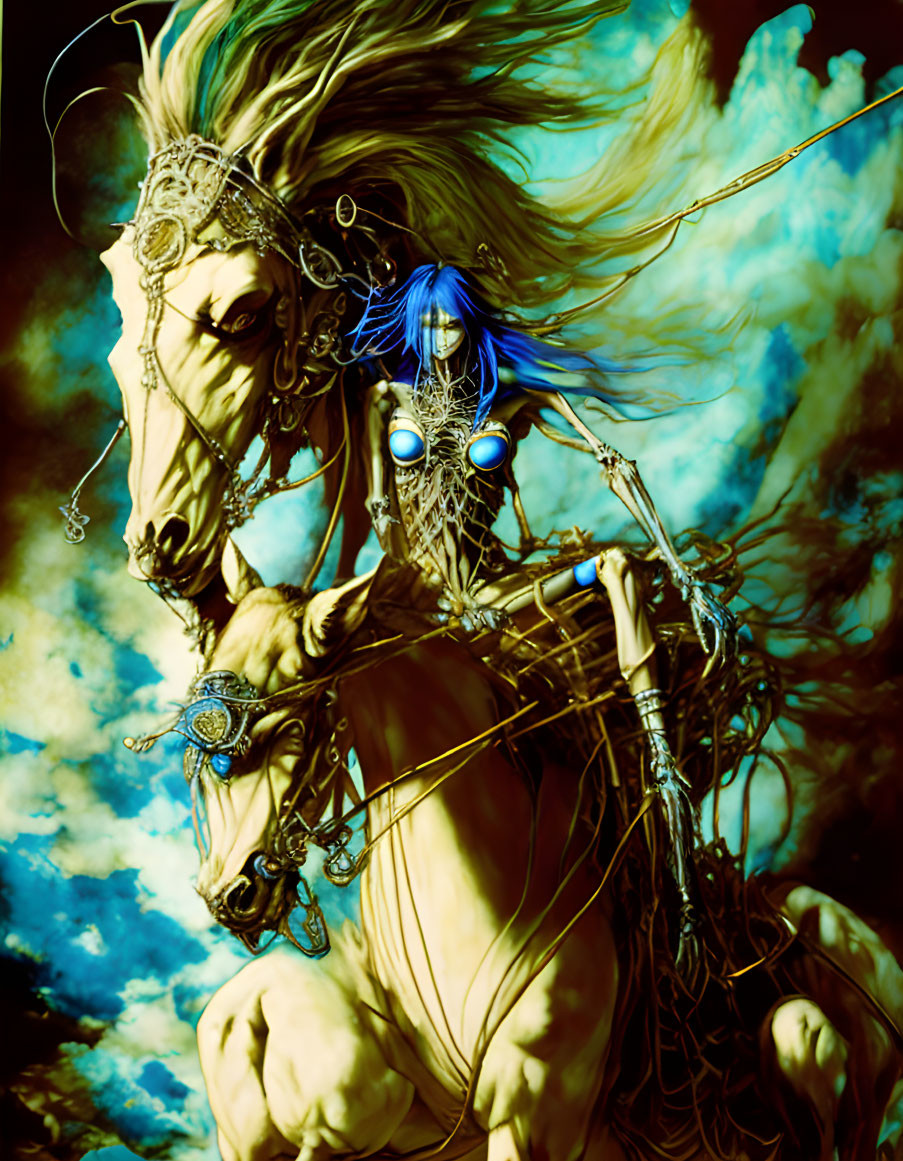 Mythical centaur artwork with horse-human fusion and blue accessories