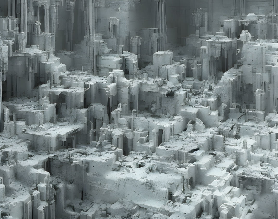 Monochromatic futuristic cityscape with dense, circuit board-like structures