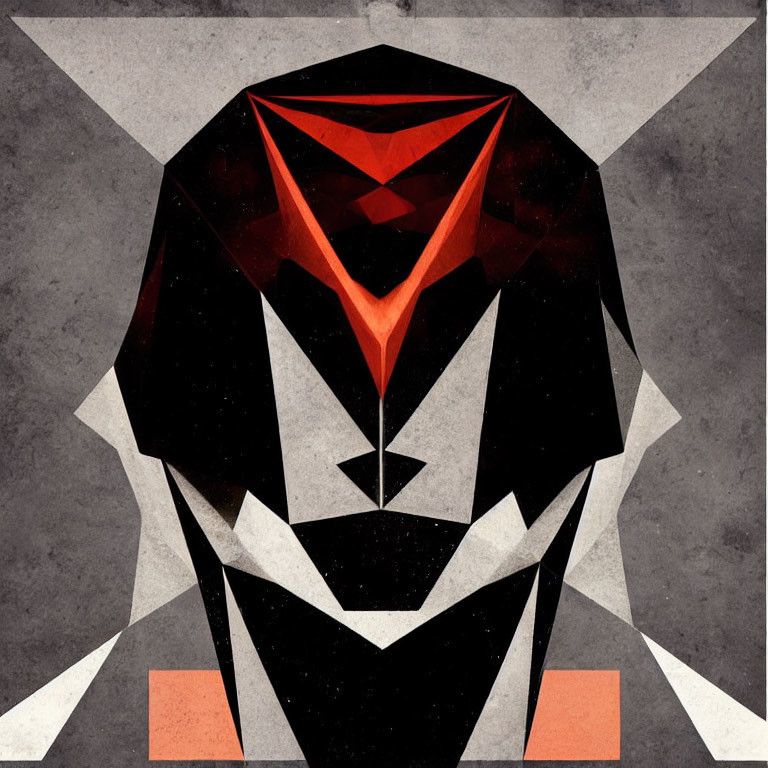 Geometric Bird Head with Red Beak on Gray Background