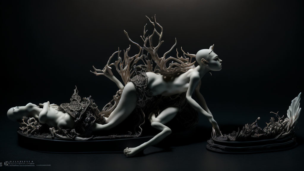 Sculpture of surreal figures with elongated limbs and tree-like extensions on dark background