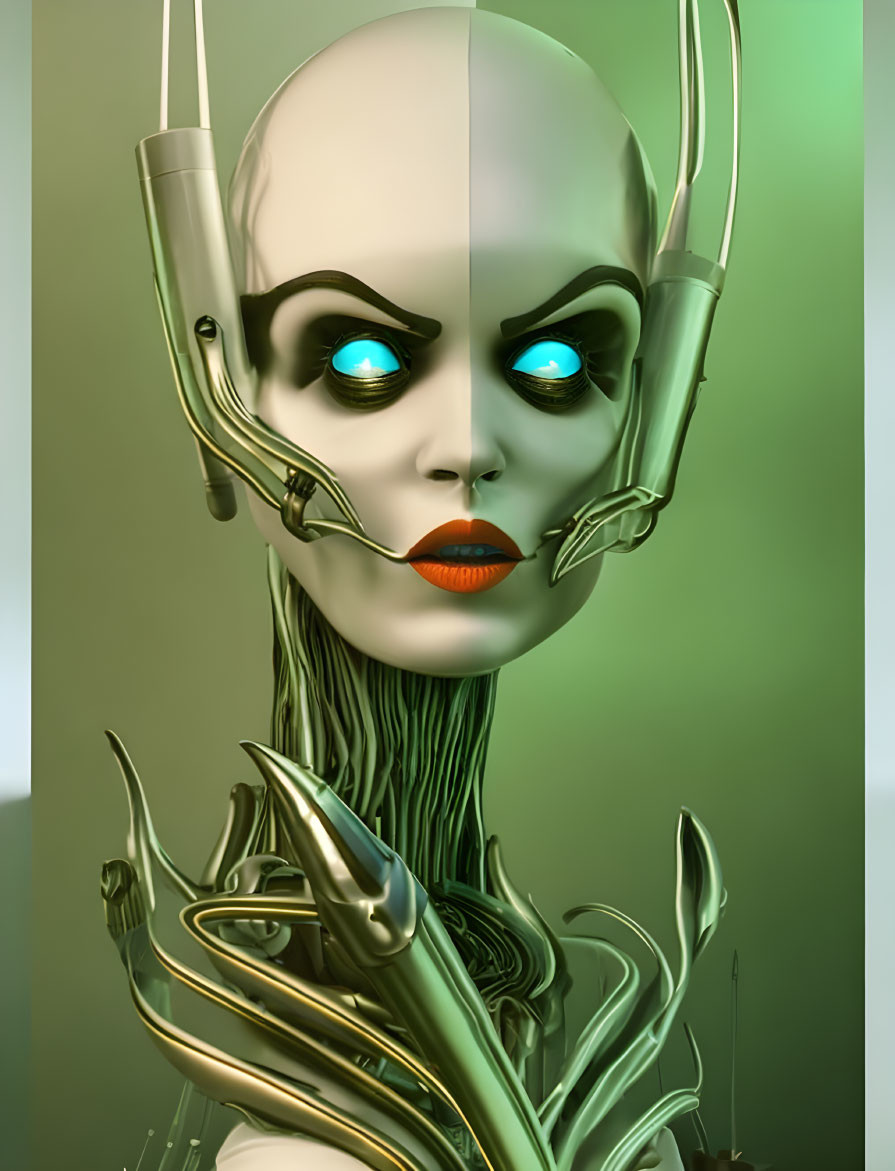 Futuristic female android with bald head and metallic enhancements on green background