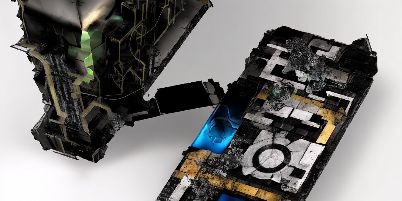 Futuristic digital artwork: intersecting mechanical structures in gold, blue, and monochrome