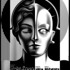 Monochromatic graphic poster: stylized human face with geometric and detailed elements.